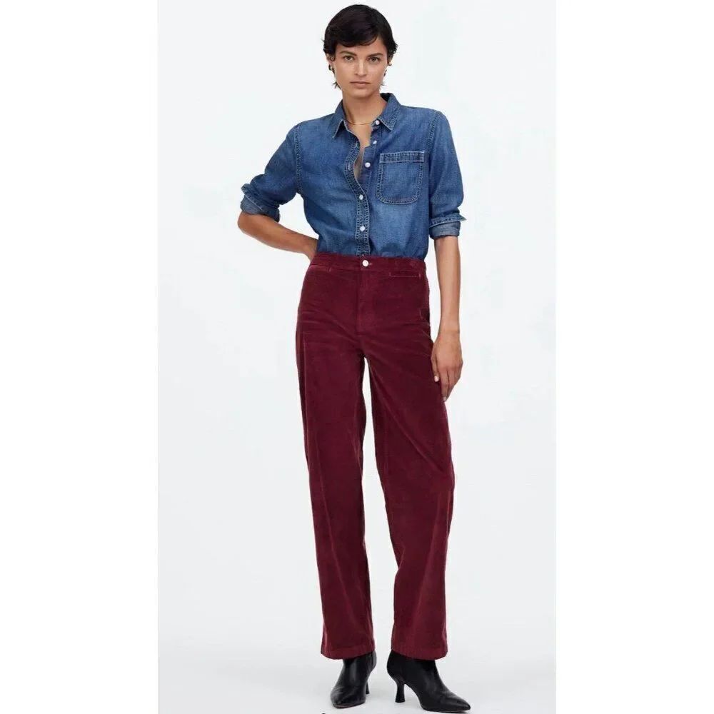 Madewell Bordeaux Emmett Wide Leg High Rise Pant Corduroy Welt Pocket Red 25